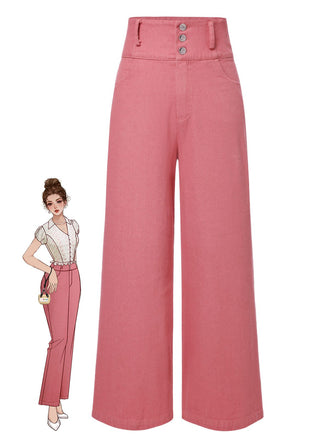 Pantalon rose coton en à boutons des années 1950