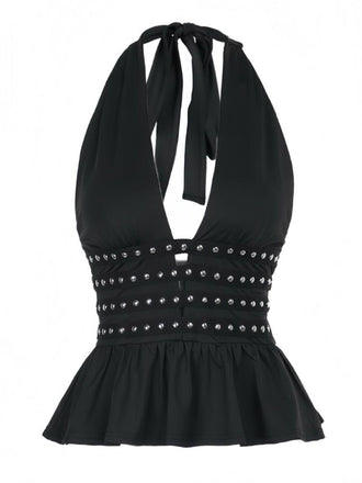 Haut dos nu noir à strass style punk des années 1980