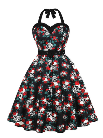Robe noire licou à motif crânes et roses Halloween années 1950