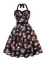 Robe noire licou à motif crânes et roses Halloween années 1950