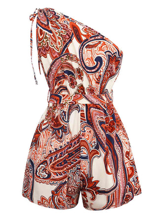 Combishort rouge bohème à fleurs asymétrique années 1970