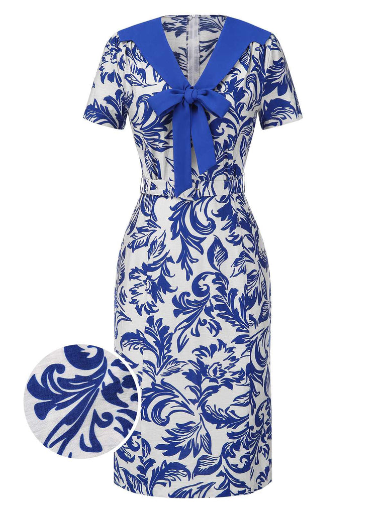 [Prévente] Robe bleue col noué et revers motif feuilles des années 1940