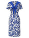 [Prévente] Robe bleue col noué et revers motif feuilles des années 1940