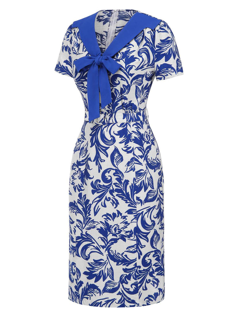 [Prévente] Robe bleue col noué et revers motif feuilles des années 1940