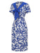 [Prévente] Robe bleue col noué et revers motif feuilles des années 1940