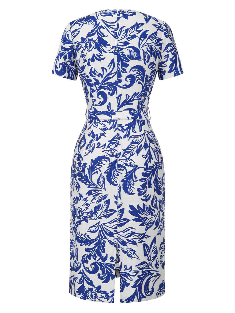 [Prévente] Robe bleue col noué et revers motif feuilles des années 1940