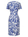 [Prévente] Robe bleue col noué et revers motif feuilles des années 1940