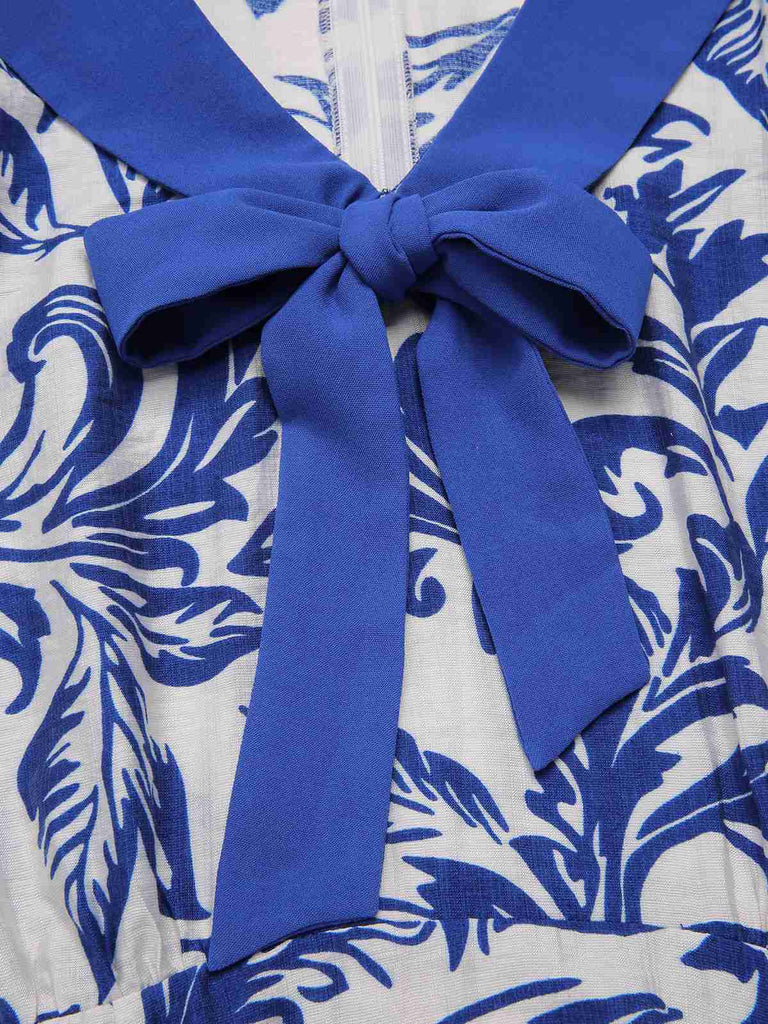 [Prévente] Robe bleue col noué et revers motif feuilles des années 1940