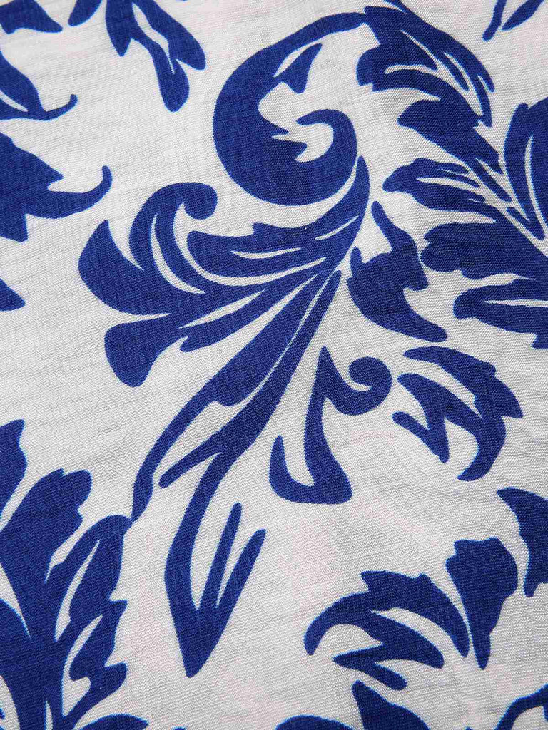 [Prévente] Robe bleue col noué et revers motif feuilles des années 1940