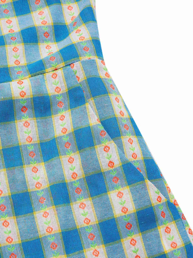 Combishort bleue fleur à carreaux vichy nœud années 1950