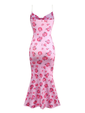 Robe queue de poisson à col bénitier rose années 1930