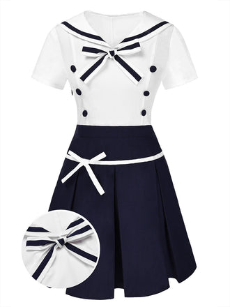 [Prévente] Robe plissée en coton col marin bleu des années 1960 et nœud