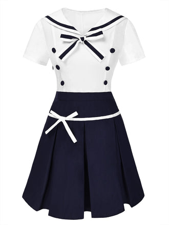 [Prévente] Robe plissée en coton col marin bleu des années 1960 et nœud