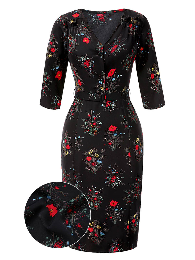 [Prévente] Robe crayon fleurie noire manches trois-quarts des années 1960