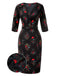[Prévente] Robe crayon fleurie noire manches trois-quarts des années 1960
