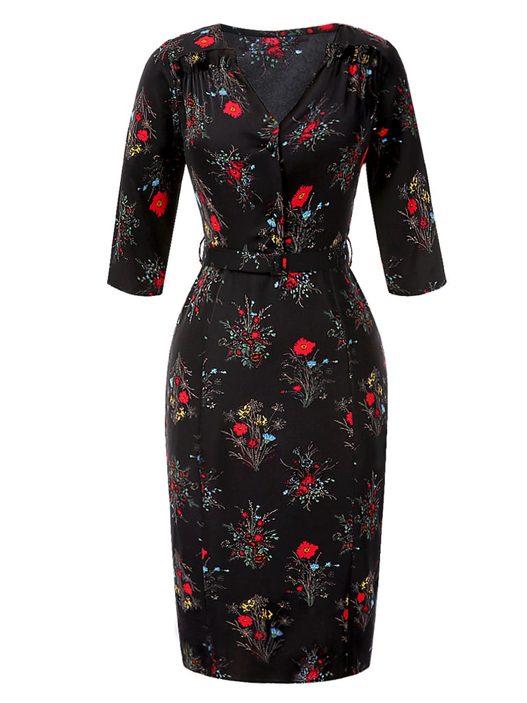 [Prévente] Robe crayon fleurie noire manches trois-quarts des années 1960