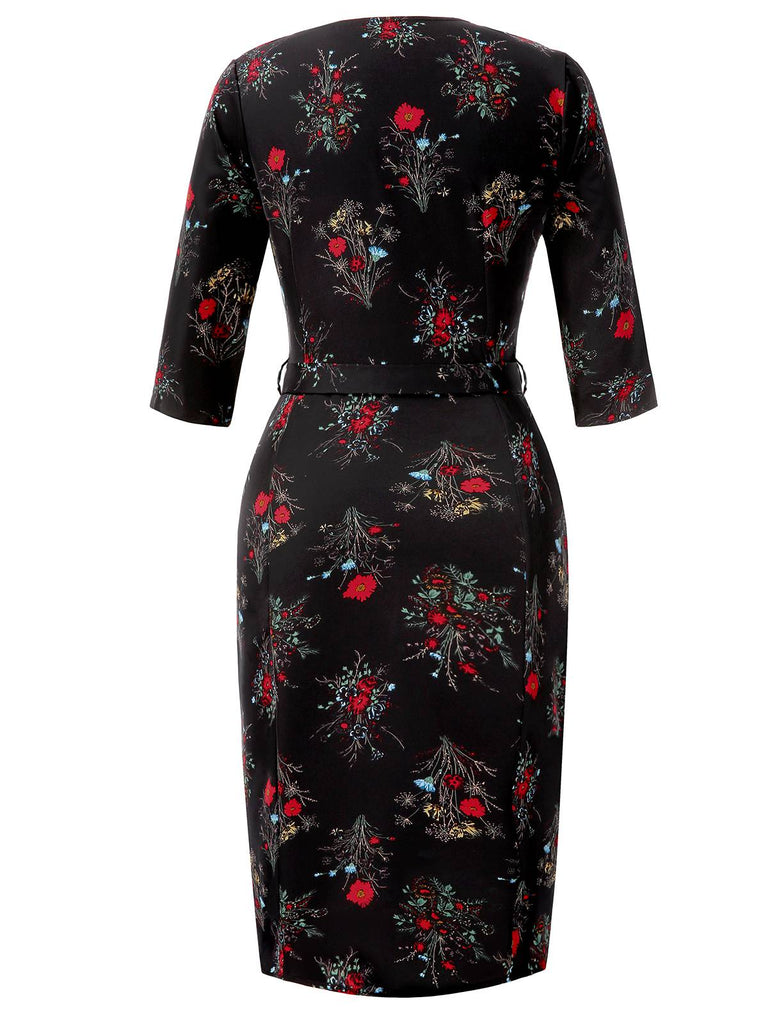 [Prévente] Robe crayon fleurie noire manches trois-quarts des années 1960