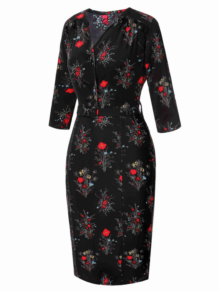 [Prévente] Robe crayon fleurie noire manches trois-quarts des années 1960