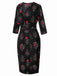[Prévente] Robe crayon fleurie noire manches trois-quarts des années 1960