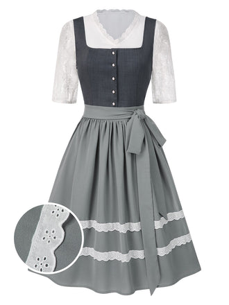 Prévente] 3PCS robe boutonnée col carré haut en dentelle gris foncé années 50