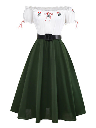 [Prévente] Robe à épaules dénudées motif rose blanc et vert avec ceinturée années 1950