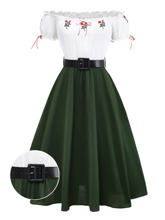 [Prévente] Robe à épaules dénudées motif rose blanc et vert avec ceinturée années 1950