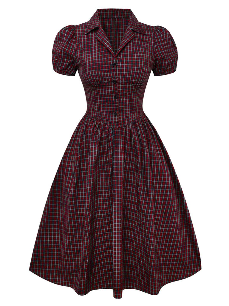 [Prévente] Robe rouge en coton à carreaux et revers années 1950