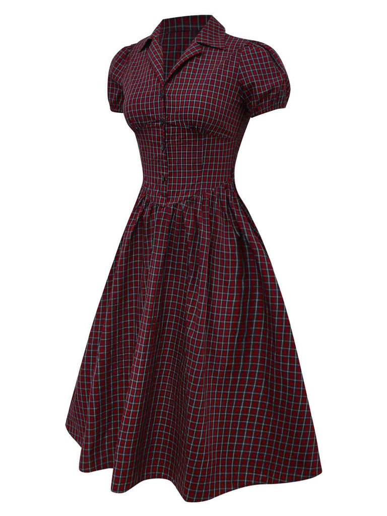 [Prévente] Robe rouge en coton à carreaux et revers années 1950