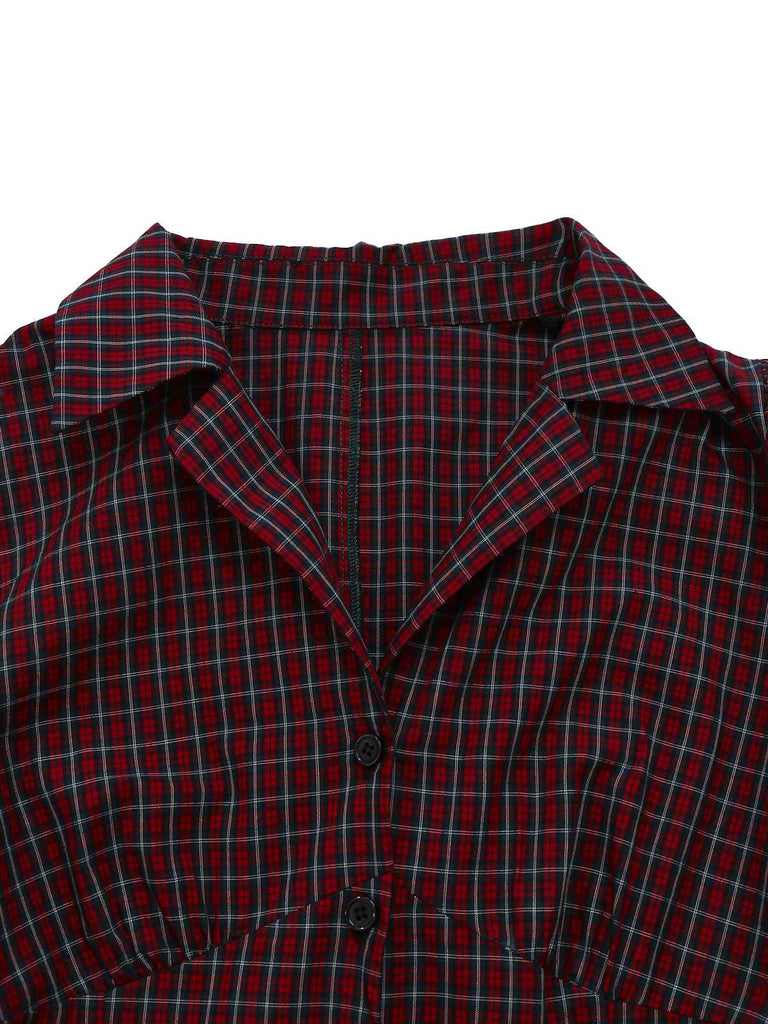 [Prévente] Robe rouge en coton à carreaux et revers années 1950