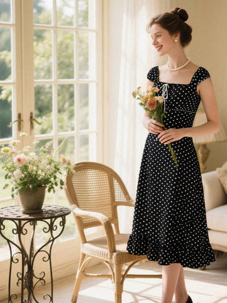 Robe à volants et col carré à pois noir années 1940