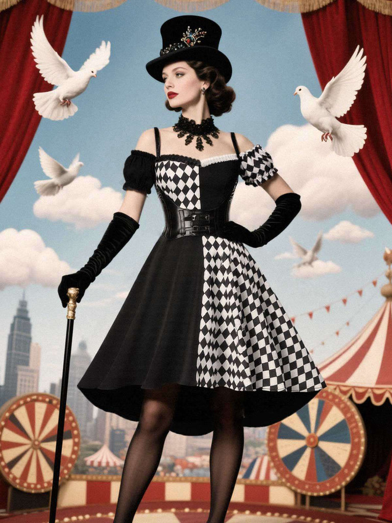 [Prévente] Robe noire à carreaux Halloween et corset années 1950