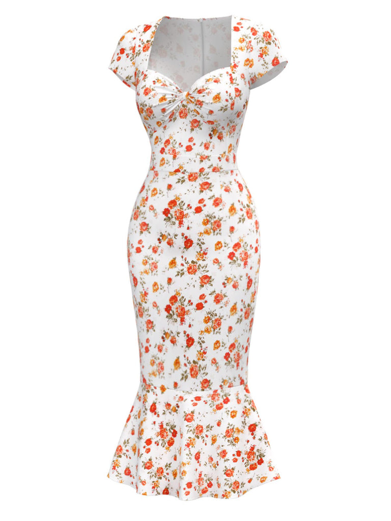 [Prévente] Robe sirène imprimé roses col en cœur multicolore des années 1930