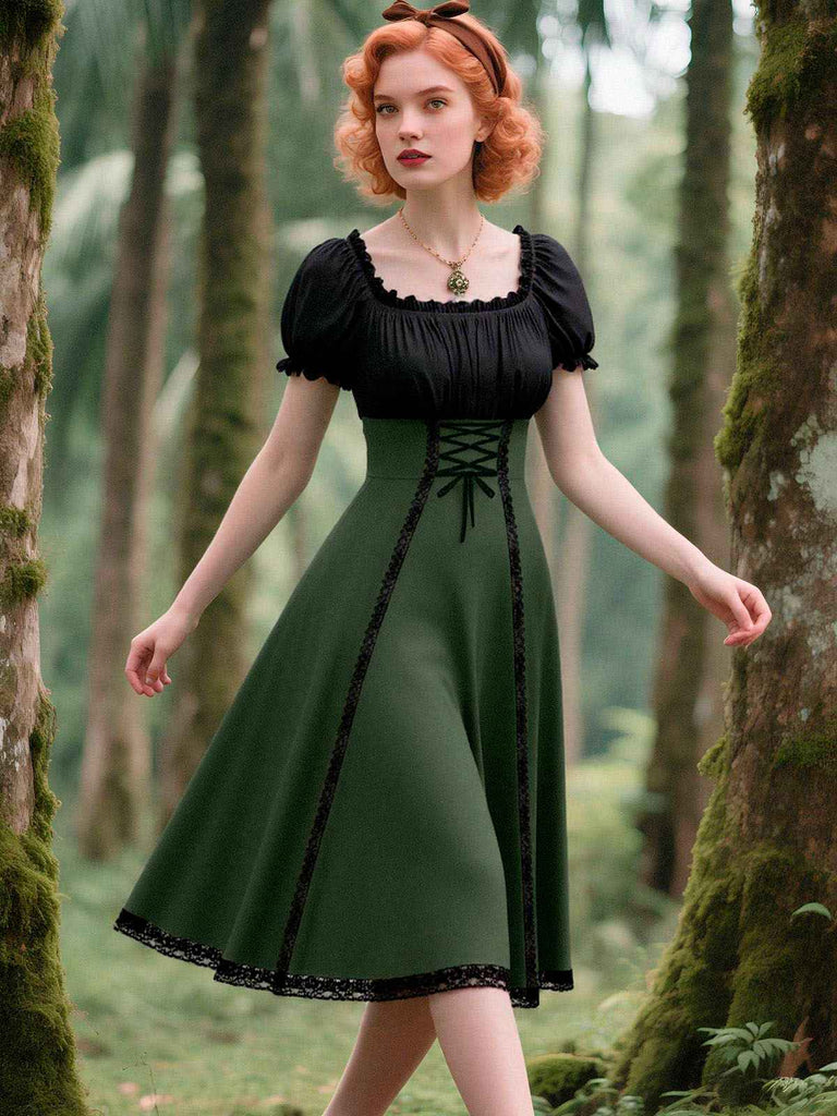 [Prévente] Robe verte à lacets colorblock des années 1940