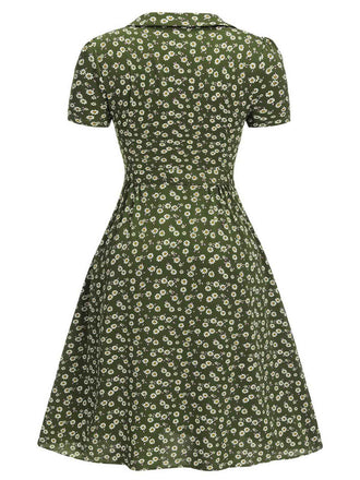 [Grande taille] Robe marguerite à boutons revers vert des années 1950