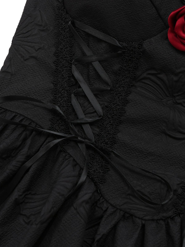 Robe noire gothique à roses 3D en jacquard années 1960