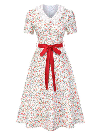 [Prévente] Robe blanche fleurie à col en dentelle années 1940