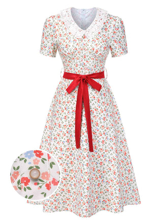 [Prévente] Robe blanche fleurie à col en dentelle années 1940