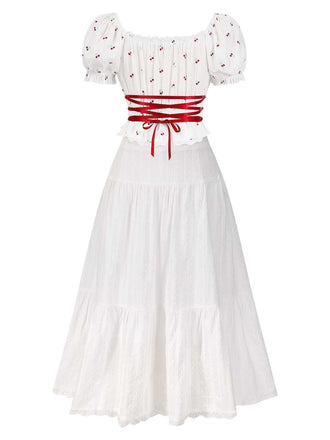 [Prévente] 2PCS Hauts en coton cerises et jupe brodée années 40