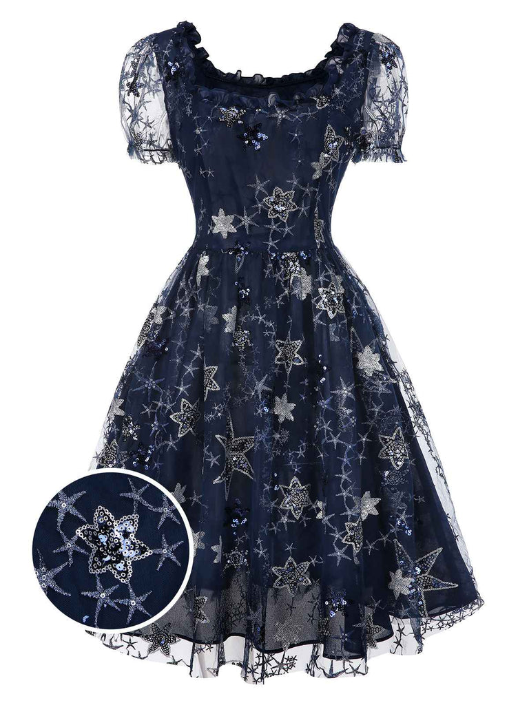[Prévente] Robe bleue en maille à volants et paillettes étoiles des années 1950