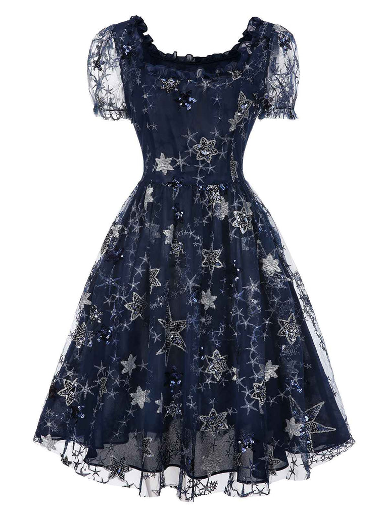 [Prévente] Robe bleue en maille à volants et paillettes étoiles des années 1950