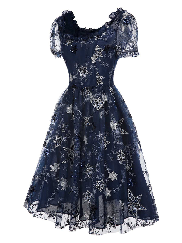 [Prévente] Robe bleue en maille à volants et paillettes étoiles des années 1950