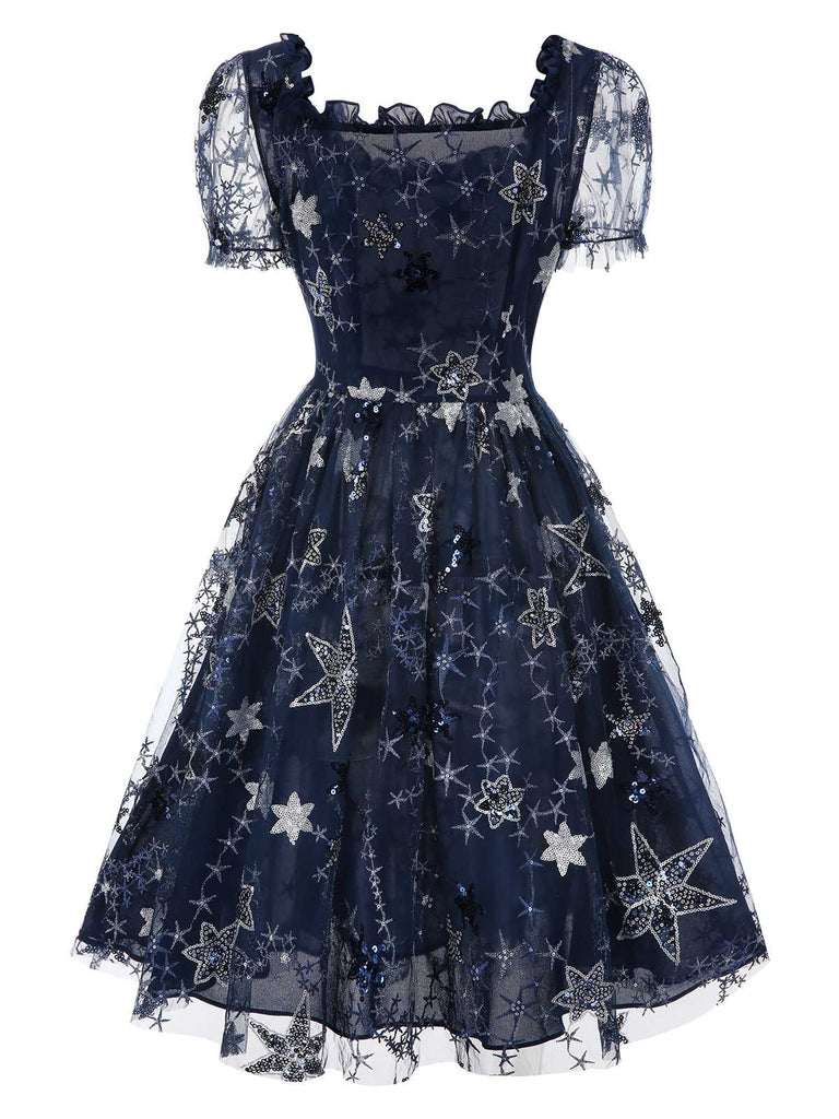 [Prévente] Robe bleue en maille à volants et paillettes étoiles des années 1950