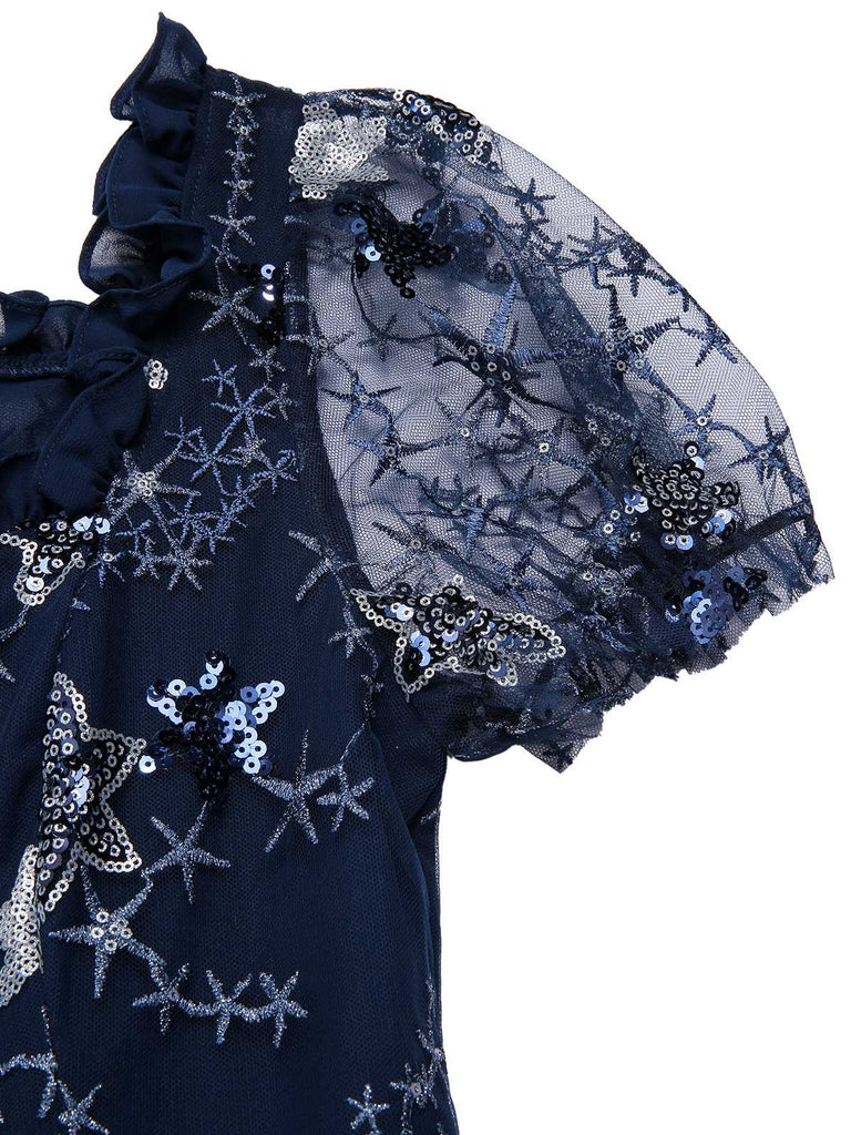 [Prévente] Robe bleue en maille à volants et paillettes étoiles des années 1950