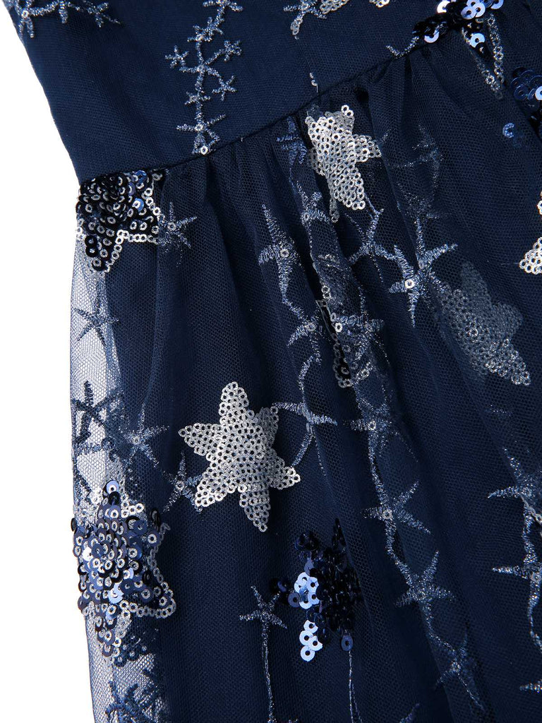 [Prévente] Robe bleue en maille à volants et paillettes étoiles des années 1950