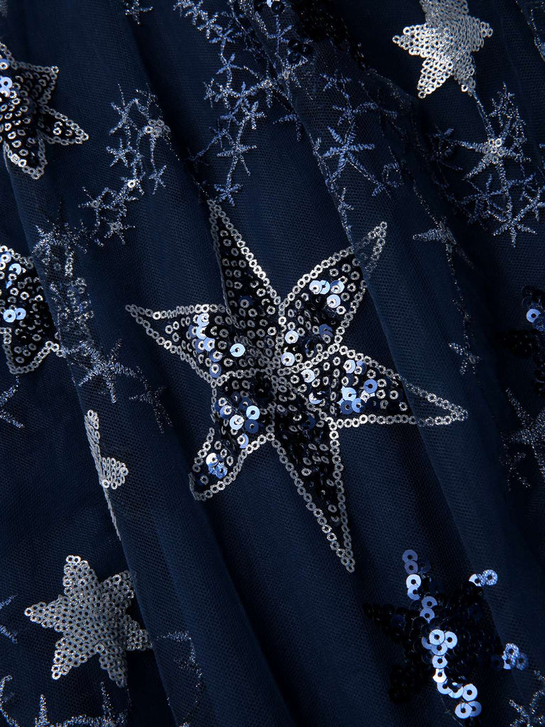 [Prévente] Robe bleue en maille à volants et paillettes étoiles des années 1950