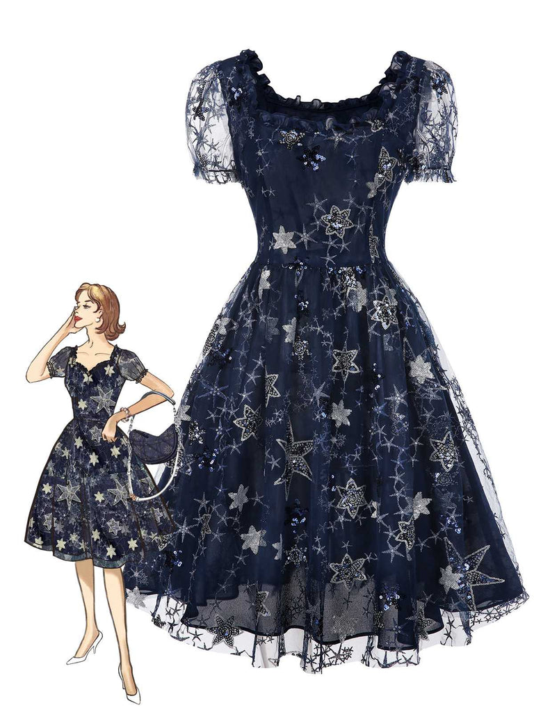[Prévente] Robe bleue en maille à volants et paillettes étoiles des années 1950