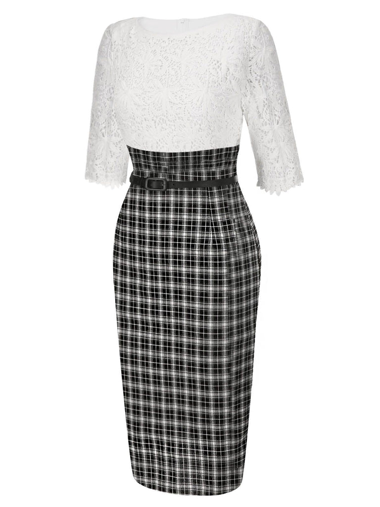 [Pré-vente] Robe crayon blanche col bateau et à carreaux en dentelle des années 1960