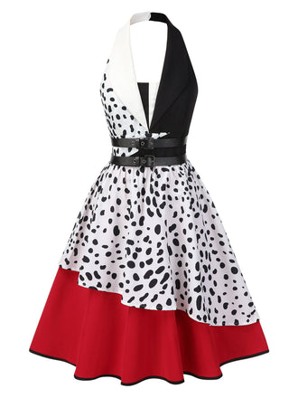 Robe dalmatienne rouge col licou et contraste irrégulier des années 1970