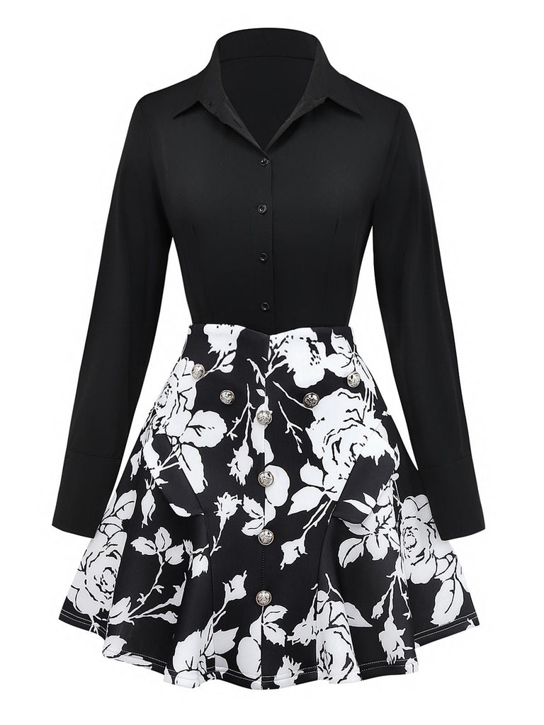2PCS Chemisier à revers noir et jupe fleurie années 1950