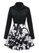 2PCS Chemisier à revers noir et jupe fleurie années 1950
